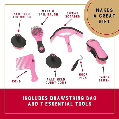Weaver Equine Horse Grooming Kit, 7-Piece Horse Brush Set with Organizer Tote Bag, Hoof Pick, Comb, Sweat Scraper, Equine Tools for Daily Grooming, Gray/Pink