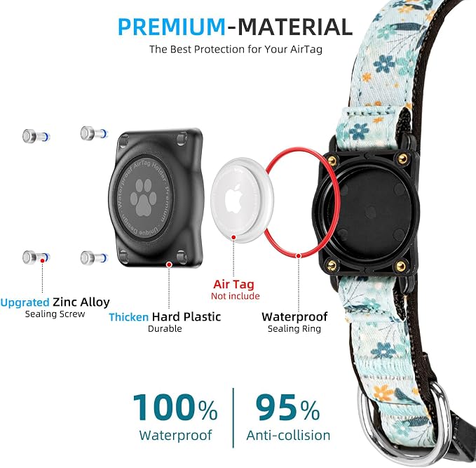 Upgrade Dog Collar with AirTag Holder, IP68 Waterproof, Blue Meadow, M | Built-in Water Resistant AirTag holder, 1000D Nylon, Reflective Stitching for Night Visibility, Soft padding for Comfort