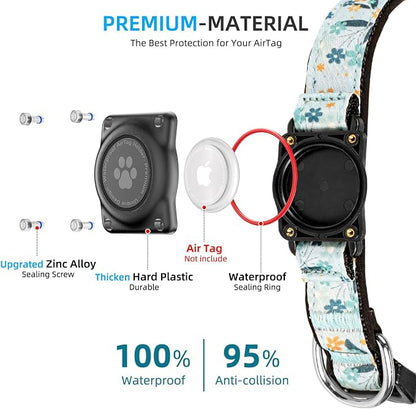 Upgrade Dog Collar with AirTag Holder, IP68 Waterproof, Blue Meadow, M | Built-in Water Resistant AirTag holder, 1000D Nylon, Reflective Stitching for Night Visibility, Soft padding for Comfort