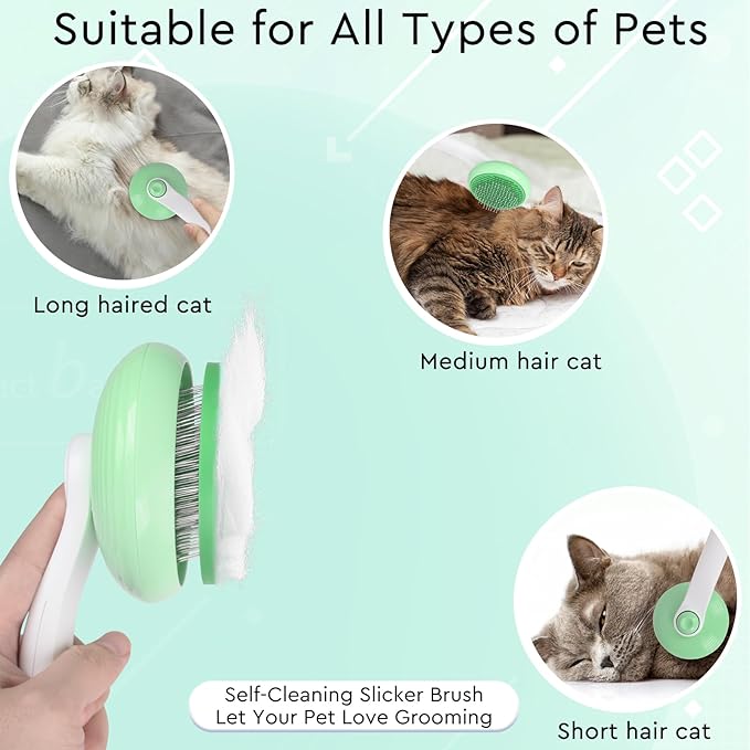 Cat Grooming Glove Brush, Self-Cleaning Slicker Pet Brush | Self-Cleaning Dog Bath Brush for Shedding and Grooming, Removes Loose Hair and Tangles for Short and Long Haired Pets, Green