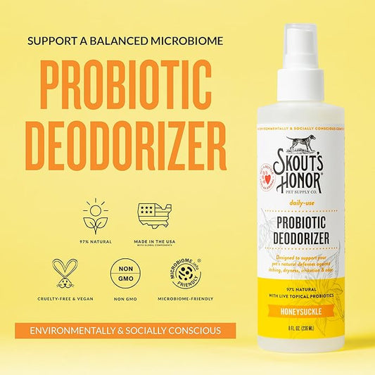 SKOUT'S HONOR Probiotic Pet Deodorizer Spray- Hydrating Daily-Use with Avocado Oil & Omega-3s, Microbiome Friendly Certiified, Paraben & Sulfate-Free, 97% Natural, 8oz, Honeysuckle, 2-Pack