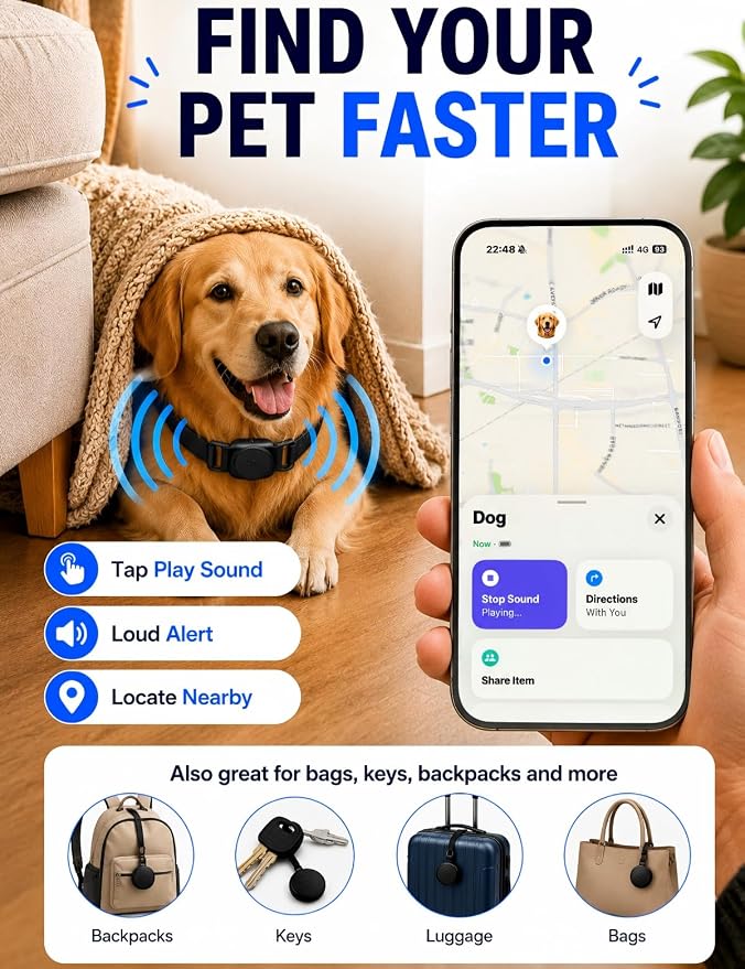 GPS Dog Tracker Collar (iOS & Android) - No Subscription Real-Time Tracking | Pet Smart Activity Finder Tag Works with Google Find Hub & Apple Find My App, Anti-Lost for Keys, Cat Kitten Items