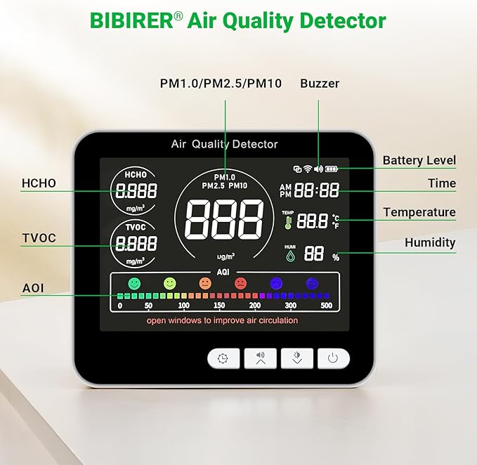 BIBIRE 14-in-1 Air Quality Monitor Indoor with Beep Alarm, 6 AQI Air Detector with PM1.0|PM2.5|PM10|HCHO|TVOC|AQI|Temperature|Humidity|Time for Home, Hotel, Office, Car, Battery Powered