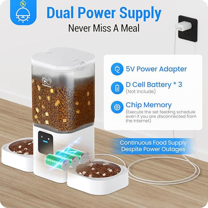 Frienhund Automatic Cat Feeder 2 Cats with Slow Feed: Dual Automatic Dog Feeder with 5G WiFi, Cat Food Dispenser with APP Control for Multiple Pets, Detachable for Easy Clean, Double Pet Bowl - 29 Cup