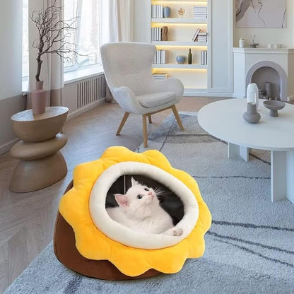 Cat Beds for Indoor Cats - Small Cat Bed with Anti-Slip Bottom, Sunflower-Shaped Cat/Dog Cave with Hanging Toy, Puppy Bed with Removable Cotton Pad, Super Soft Calming, Multiple Sizes(Brown L)