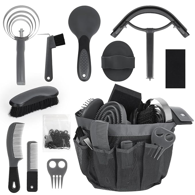 Horse Grooming Kit 12 Pcs – Complete Horse Brushes & Care Supplies Set with Organizer Tote Bag, Equine Coat Grooming Tools, Tack Room Equipment & Gifts for Horse Owners & Lovers