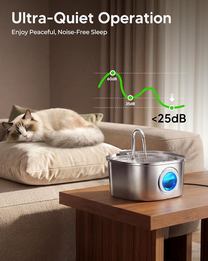 PEKTACO Stainless Steel Cat Water Fountain, 3.2L/108oz with 6 Filters | Cat water dispenser, dishwasher safe, with triple filtration, quiet pump, and visible water window for cats and small pets
