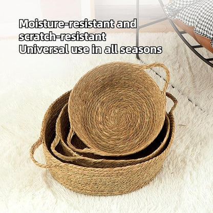 Rattan Cat Litter Pet Bed for Home Pet Supply Pet Sleeping Cat Beds Rattan Cat Dog Kitten Bed Basket Cooling Pet Nest Cat Supply Indoor Cat Cattail Grass to Weave (Corn Flakes,Medium)