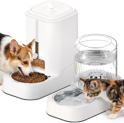 JUNSPOW Automatic Cat Feeder Dog Water Bowl Dispenser Set with Stainless Steel Bowl, Adjustable Food Dispensing & Keep Food Dry, Auto Pet Feeder and Waterer for Cats and Dogs