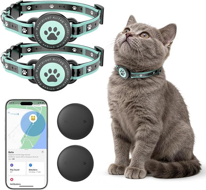 Cat GPS Collar, iOS & Android, Bluetooth, Green, Green-2P | Activity monitor, no monthly fee, works with Apple Find My & Google Find Hub, adjustable, fits cats and small dogs