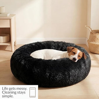 Calming Donut Dogs Beds for Small Dogs Washable,28inch Plush Round Pet Bed for Cozy Sleep,Fluffy Faux Fur Large Cat Bed,Fits up to 30 lbs Pets,Black