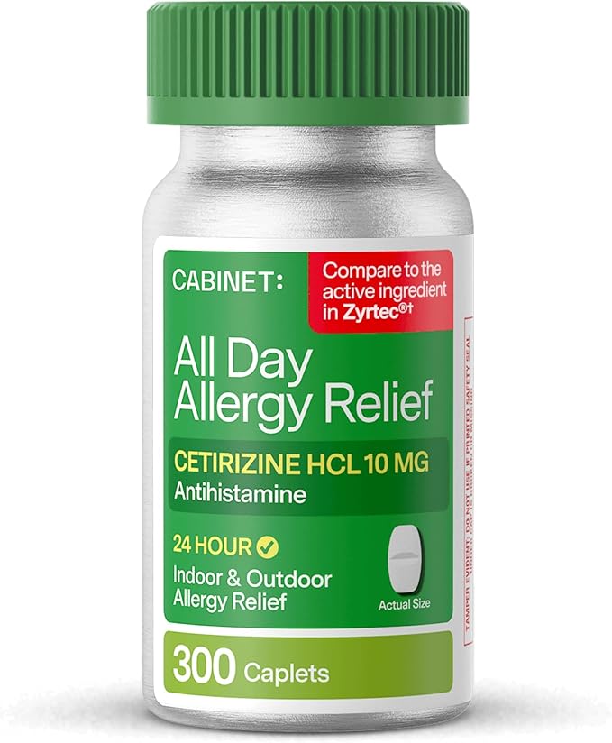 Cabinet: Cetirizine Hcl 10mg Allergy Relief Tablets | Non-Drowsy Antihistamine for 24-Hour Indoor & Outdoor (Aluminum - 300 Count)