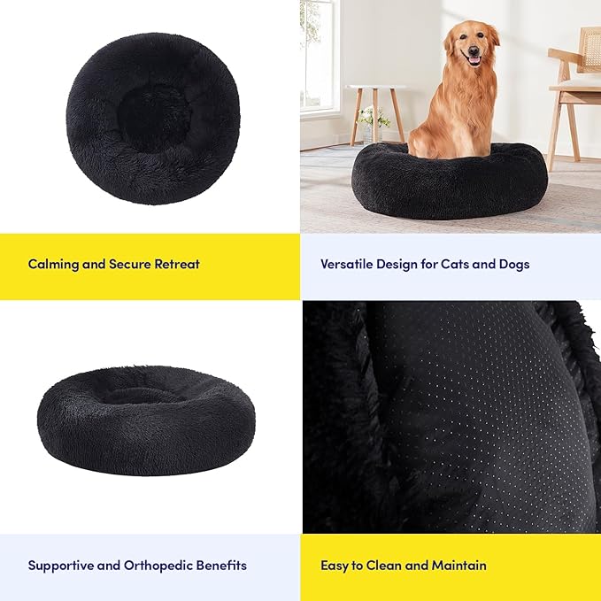 Dog & Cat Bed: Round Faux Fur Pet Bed - Plush, Cozy, & Calming Donut Bed for Medium Pets - Soft & Comfortable Sleeping Cushion for Napping & Lounging, 23" Round, Black