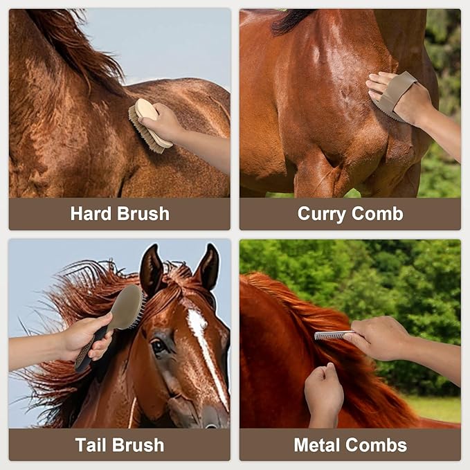Swess Horse Grooming Kit 14 Pieces, Horse Brushes Set for Grooming & Bathing Supplies, Professional Horse Supplies with Mane & Tail Comb, Curry Comb, Hoof Pick, Gloves & Mesh Tote Bag for Equine Care