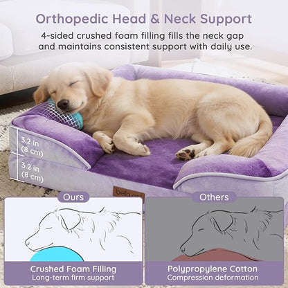 BELLA & PAL Orthopedic Dog Sofa Bed for Medium/Large Dogs – No Assembly Needed, Egg-Crate Foam Dog Couch with Waterproof Liner, Washable Removable Cover, Non-Slip, 36x27x6.5Inch, Purple