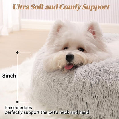 Calming Small Dog Bed, Donut Fluffy Anti-Anxiety Round Washable Cute Bed, Plush Cozy Cuddler Warming Soft Comfort Pet Bed for Small Medium Dogs Cats, 20inch,Light Grey White