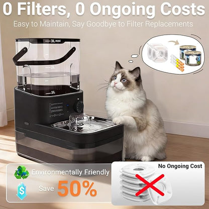 Filterless Cat Water Fountain 3L, Wireless Motion Sensor Cat Water Fountain with 4000mAh Battery, Stainless Steel Cat Bowls, Water Fountain Separate Tanks, Quiet – Black