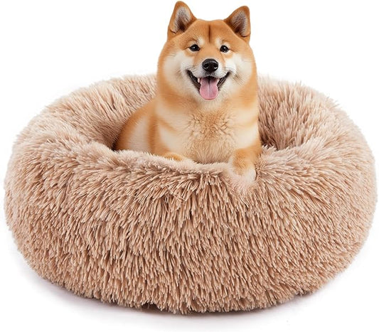 Sweetcrispy 30.7"x30.7" Donut Dog Bed, Large Round Calming Cat Bed with Washable Waterproof Cushion, Anti-Anxiety & Anti-Slip Fluffy Cuddle Cozy Faux Fur Plush for Pet Puppy Indoor Sleeping, Brown