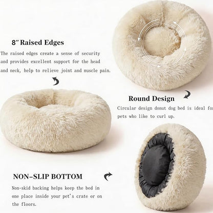 Calming Dog Bed for Medium Dogs Washable Donut 30 inches Anti-Slip Pet Bed,Round Fluffy Plush Faux Fur Cat Bed,Fits up to 45 lbs Pets,Beige