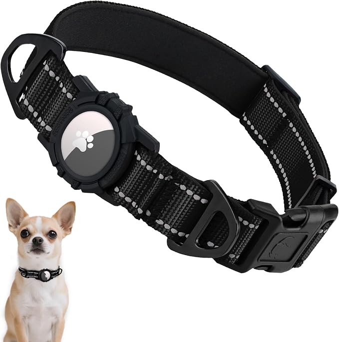 Taglory AirTag Dog Collar with Waterproof Holder for Puppy, Black, XS | Reflective for Night Walks & Low-Light Safety, Track Your Pup Peace of Mind, Adjustable Soft Padded, No More Dangling Tags