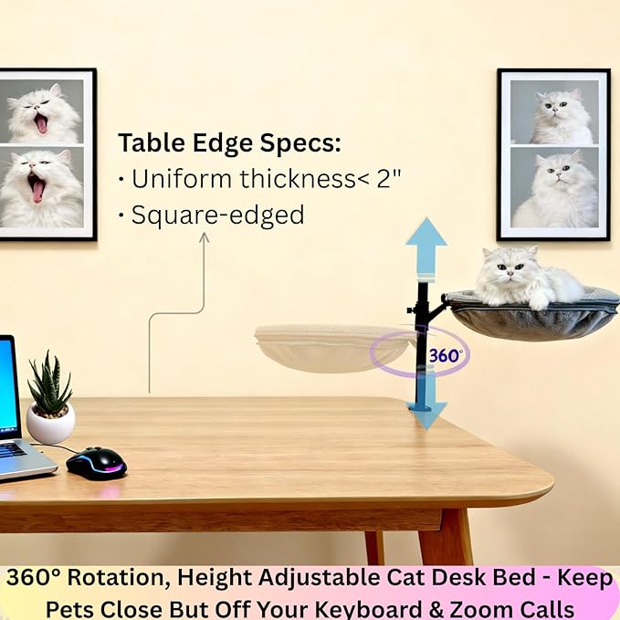 Cat Desk Bed, Adjustable & Rotating 360° Cat Desk Hammock, Dual-Side Elevated Pet Desk Bed w/Toy Mouse for Computer Desks, Island/Coffee Tables, Weight Capacity 33 LBS