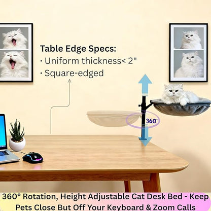 Cat Desk Bed, Adjustable & Rotating 360° Cat Desk Hammock, Dual-Side Elevated Pet Desk Bed w/Toy Mouse for Computer Desks, Island/Coffee Tables, Weight Capacity 33 LBS