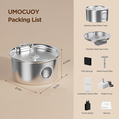 Cat Water Fountain Stainless Steel: 2.6L Cat Fountain for Drinking - Pet Water Fountain for Cats Indoor - Automatic Pet Water Dispenser Bowl - Best Auto Feeding Supplies Gift for Small Dog Large Kitty
