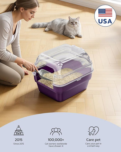 Large Cat Litter Box with Transparent Lid, Foldable Hooded Litter Box with Front Door Flap for Privacy, Easy Clean Non-Sticky Litter Box with Intelligent Deodorizing, (21.6" L x 17.8" W x 17.3" H)