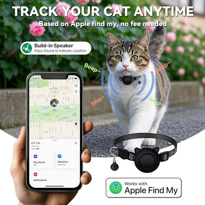 GPS Tracker for Cat Tracker Collar Waterproof Airtag Compatible with Apple Find My (iOS ONLY) No Monthly Fee Breakaway Design Reflective Pattern Bell Black Durable Cat Tracking (Tracker with Collar)