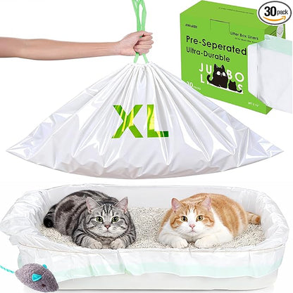 Cat Litter Box Liners [30 Count]-Large/Jumbo 37"x16"-Heavy Duty Scratch Resistance Drawstring Litter Bags-Dispenser Box No Tearing Needed-70% Recycled Ocean Plastic