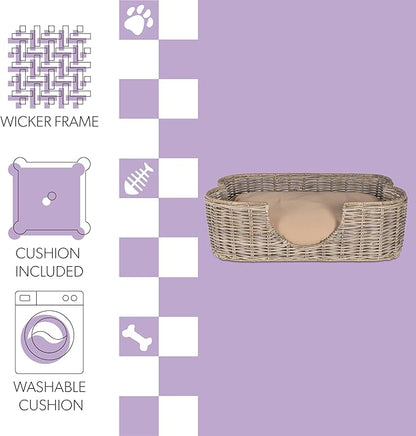 DBD1003A Scallop 31" x 20" Tropical Handwoven Rattan Dog Bed with Machine Washable Cushion, Kubu Gray