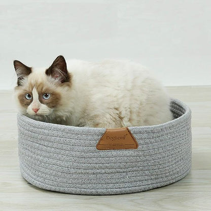 Cat Bed Basket Nest Round Cotton Rope Woven Warm Medium,Pet Sleeping Bed House Cute Fun Scratcher Scratching Scratch Mat Pad for Puppy Small Dogs Indoor Play Eco Washable Winter Summer (Gray)
