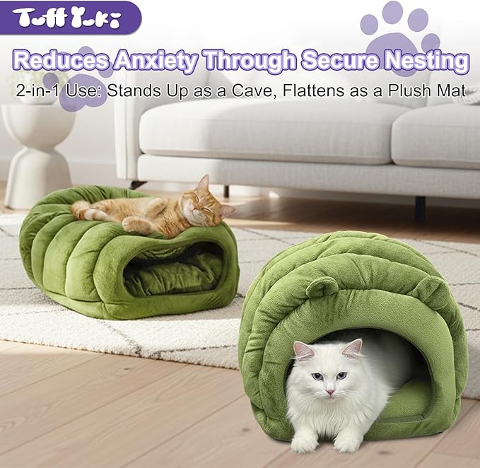Luxe Green Jumbo Caterpillar Cat Cave - Super Cozy & Warm for Cats Up to 15 lbs, Convertible from Plush Cave to Comfy Mat!