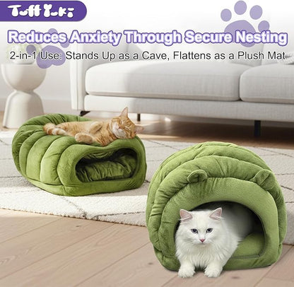 Luxe Green Jumbo Caterpillar Cat Cave - Super Cozy & Warm for Cats Up to 15 lbs, Convertible from Plush Cave to Comfy Mat!