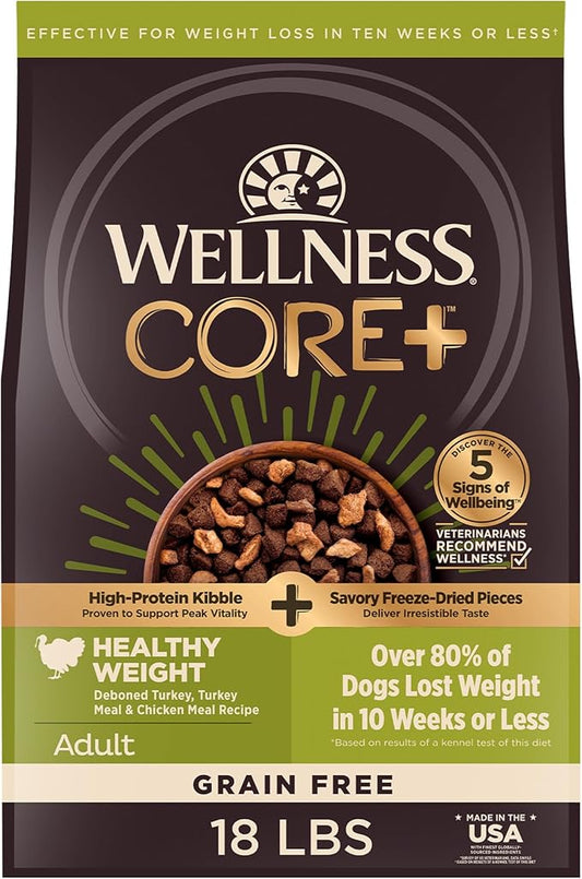 Wellness CORE+ Healthy Weight Adult Dry Dog Food with Freeze Dried Pieces, Grain Free Kibble+, Natural, High Protein, Turkey and Chicken Recipe, 18 lb Bag