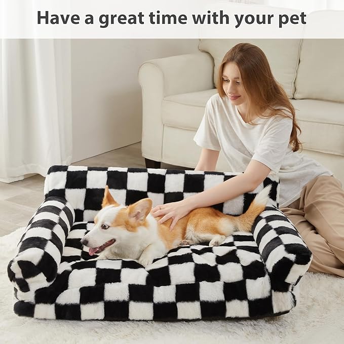 BFPETHOME Dog Couch Bed, Cute Pet Sofa with Non-Slip Bottom, Checkered Dog Bed with Washable Cover, XL Pet Couch (Black&White)