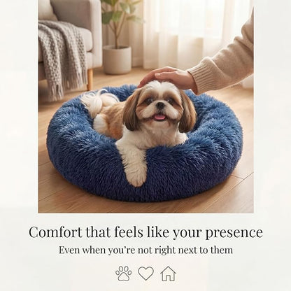 Calming Donut Dogs Beds for Small Dogs Washable,23inch Plush Round Pet Bed for Cozy Sleep,Fluffy Faux Fur Large Cat Bed,Fits up to 25 lbs Pets,Navy Blue