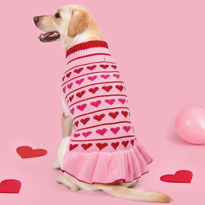 KYEESE Valentines Dog Sweater, Stretchy Dog Sweaters for Large Dogs, Soft Turtleneck Medium Large Dogs Sweater, Warm Pet Sweaters Dress with Heart Print, Comfy Pet Clothes Coat with Leash Hole, 2XL