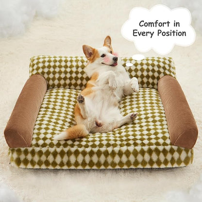 BFPETHOME Dog Couch Bed & Cat Couch Bed, Pet Couch Bed for Medium Pet, Cute Dog Sofa Bed, Cat Sofa & Pet Sofa with Non-Slip Bottom, Checkered Dog Bed with Washable Cover (Green&White)