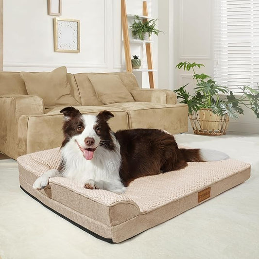 Orthopedic XL Dog Bed Large Sized Dog 42''X28'', Waterproof L Bolster Egg Crate Foam Big Pet Crate Beds with Washable Removable Cover, Non-Slip Soft Pet Couch Sleep Mat, Ivory