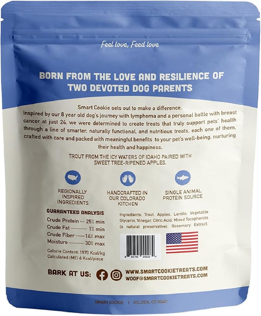 Smart Cookie All Natural Soft Dog Treats - Trout & Apple - Healthy Dog Treats for Allergies, Sensitive Stomachs - Chewy, Grain Free, Human-Grade, Made in The USA - 5oz Bag