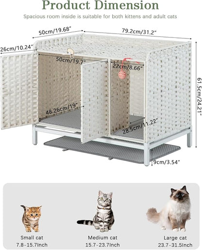 SETVSON Cat Litter Box Enclosure Furniture with Divider, Handwoven Rattan Litter Box with Mat, 31.2 x 19.6 x 24.2 Inches, Metal Heightened Feet, Hidden Cat House for Living Room, Bedroom (White)