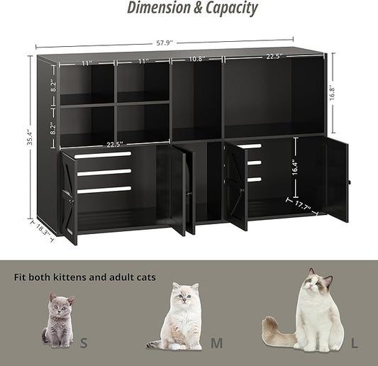 IRONCK Cat Litter Box Enclosure for 2 Cats, Litter Box Furniture Hidden with Double Room and Large Storage Space, Wooden Washroom Furniture, Cat House, Black