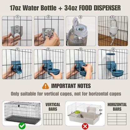 Automatic Pet Food Water Dispenser, Auto Gravity Pet Feeder Water Bottle Set for Crate Cage for Puppy Cat Rabbit Guinea Pigs Chinchilla Ferret Hedgehog (Grey)