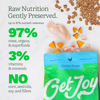 Get Joy Freeze Dried Dog Food | Chicken Recipe with Superfoods for Gut Health & Digestion | Vet Formulated Meal or Topper for Puppy, Senior & Adult Dogs, 100% USDA Sourced, Seed Oil Free | 4oz Bag