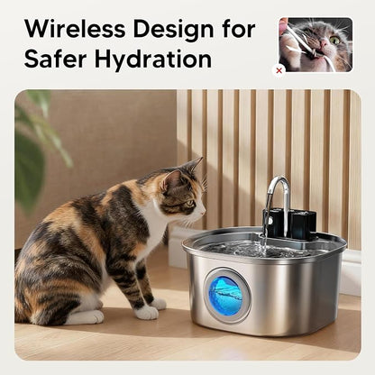 Voluas Stainless Steel Cat Water Fountain, Wireless, 108oz/3.2L, 2 Filter | Cordless Design, Ultra-Quiet Pump, Easy to Clean, BPA-Free