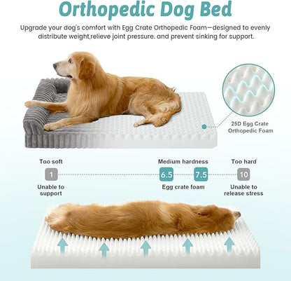 COZY KISS Cute Dog Bed for Large Dogs, Faux Rabbit Fur Orthopedic Foam Dog Bed with Sides, Removable Washable Cover & Waterproof Lining, Comfortable Pet Couch, Grey (44" L x 32" W x 7" Th)