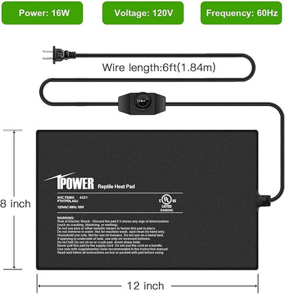 iPower 8 by 12 Inch Reptile Heating Pad with Temperature Adjustable Controller Knob, Under Tank Warmer Terrarium Heat Mat for Reptiles and Amphibians (Pack of 2)