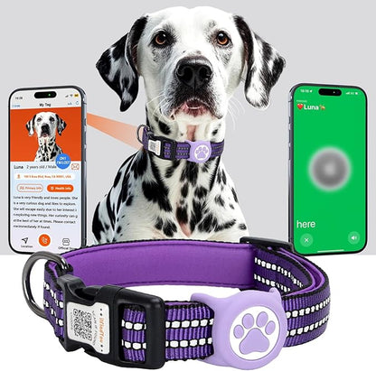 AirTag Dog Collar for Large Dogs, IP68 Waterproof Air Tag Dog Collar with Apple AirTag Holder, Reflective, QR Code Personalized Dog Tags(Purple, Large)