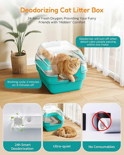 Large Cat Litter Box with Transparent Lid, Foldable Hooded Litter Box with Front Door Flap for Privacy, Easy Clean Non-Sticky Litter Box with Intelligent Deodorizing, (21.6" L x 17.8" W x 17.3" H)